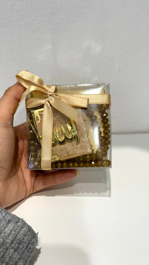 Mini Set Regalo Spirituale – Tasbih e Decorazione con Scritta “Allah”