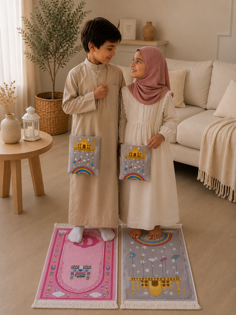 Tappeto da Preghiera per Bambini – Dream Mosque Rosa & Grigio