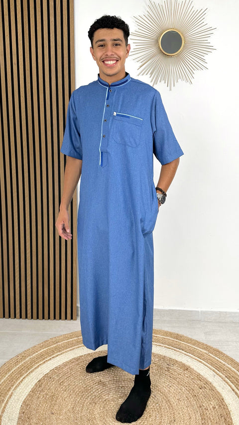 Corean Qamis blu - abito da uomo - abito da preghiera- maniche corte- vestito lungo da uomo